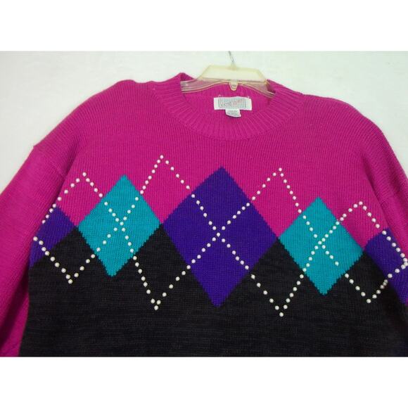 Vintage‎ 90s Y2K Sweater A Little Extra Size 20W Shoulder Pads Argyle Grandma - Picture 7 of 8